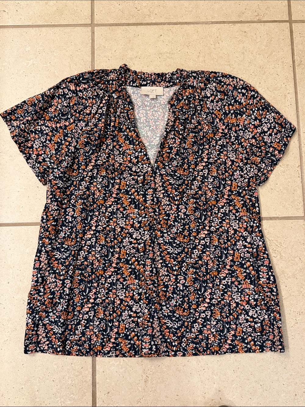 LOFT Navy Floral V-Neck Short Sleeve Blouse
